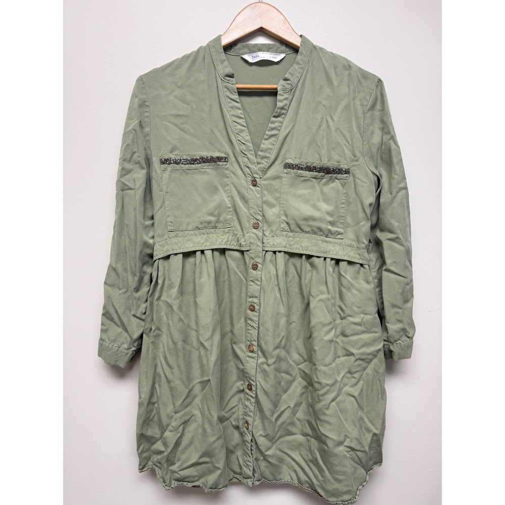 Zara Shirt Denim Dress Beaded Pockets Tencel Size S Light army green